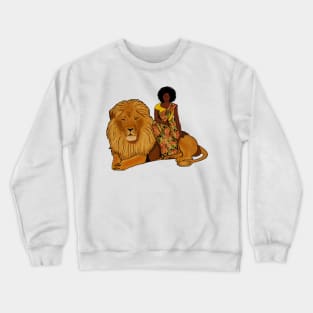 Proud African Afro Woman with Lion and Kente Pattern Crewneck Sweatshirt